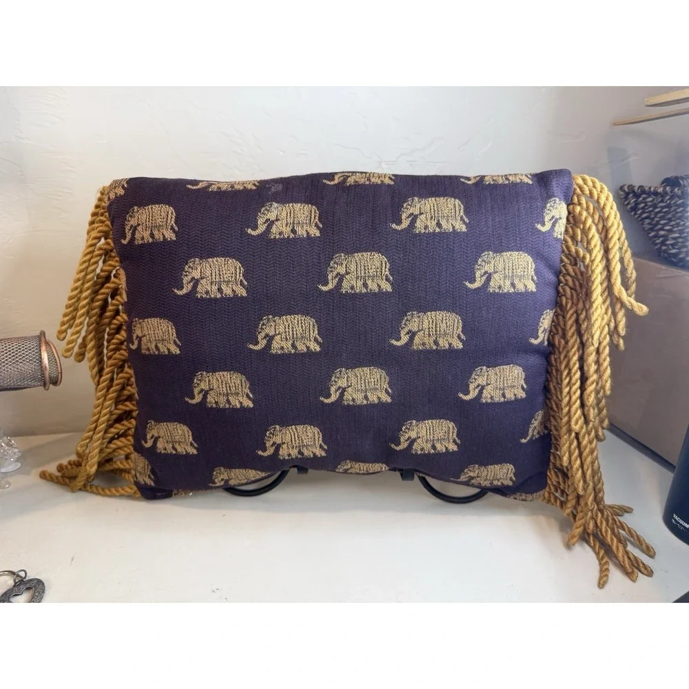 Boho Woven Brocade Elephant Throw Pillow Gold Fringe Purple Decorative Cushion